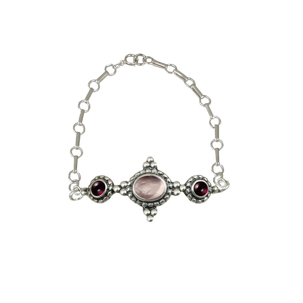 Sterling Silver Gemstone Adjustable Chain Bracelet With Rose Quartz And Garnet